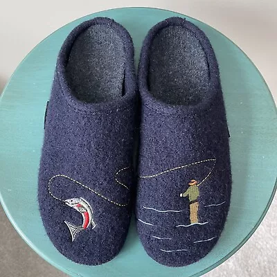 Geisswein Nordenham Navy Blue Fly Fishing Wool Slippers Slides Sz 45 US 12 • $48