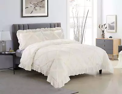HIG 3 Pieces Ivory Ruffle Comforter Set 1 Comforter With 2 Pillow Shams King USA • $34.77