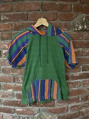 Vintage 90s Raglan Short Sleeve Hoodie Size S/XS Funky Colorblock Striped • $60