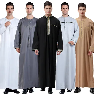 Saudi Arab Abaya Islamic Clothing Men Long Robe Kaftan Muslim Prayer Jubba Thobe • £29.47