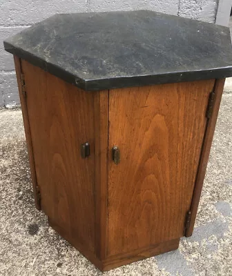 Vintage Slate Top Wood Hexagon End Table Mid Century Modern MCM Walnut Drum • $257.39