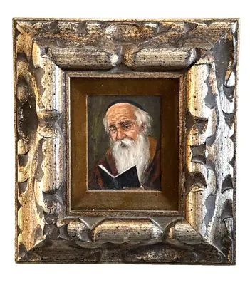 Fine Old Framed Jewish Oil Painting On Board Of A Rabbi Reading • $399