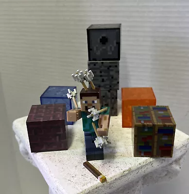 Minecraft Steve With Arrows Figure 7 Cubes Stone Glass Lava Bricks • $12.99