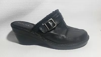 Merona Womens 7 M Slip On Faux Leather Mules Casual Shoe Clog Black Wedge Buckle • $34.99