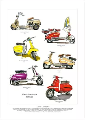 CLASSIC LAMBRETTA SCOOTERS - Art Print - A Model LC125 LD150 TV175 TV200 & GP200 • £4.95