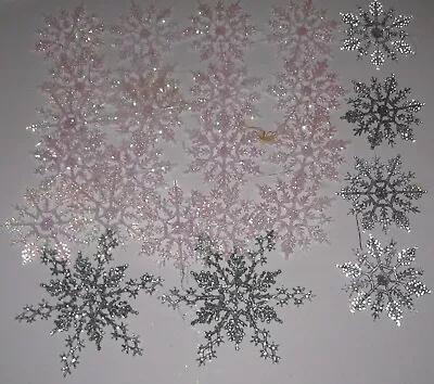 25 Vintage Plastic Snowflake Christmas Ornaments Pink/ Silver Glitter • $14.99