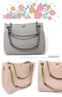 NEW Victoria's Secret V Quilted Shoulder Tote Handbag Purse Gray Or Pink • $49.50