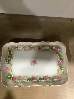 A Lanternier Limoges France Floral Pink Rose Rectangle Vanity/Serving Dish • $9.95