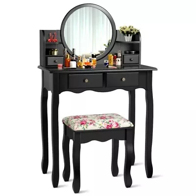 Vanity Makeup Dressing Table Round Mirror Jewelry Desk & Storage Shelves Drawers • $168.97