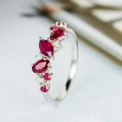 2Ct Marquise Cut Simulated Ruby & Diamond Engagement Ring 14K White Gold Plated • $100.98