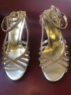 Womens Gold High Heels Sandals Diamante Open Toe 4 Inches Heel Unze Size 36 • £25
