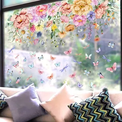 Colorful Flower Branch Window Clings Non Adhesive Butterfly Stickers Glass Decal • £6.99