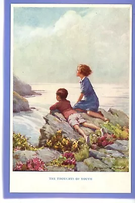 Old Postcard Artist Signed Margaret Tarrant The Thoughts Of Youth Boy & Girl Sea • £1.99