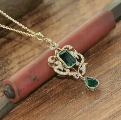 3.20Ct Emerald Green Lab Created Vintage Women Pendant 14K Yellow Gold Plated • $119.99