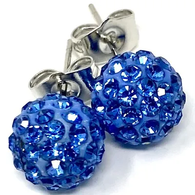 £6 • Buy Cornflower Blue Shamballa Crystal Ball Stud Earrings In Silver Plated Finish