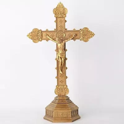 Crucifix Standing Cross Cathlic Hand-Painted  Metal Shiny Gold 14.7 Inches H • $120