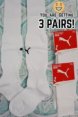 3 PAIRS! Puma YOUTH AGES 6-10 Kneehigh Soccer Socks TRUE WHITE Sz 1 Kids #176 • $12.99