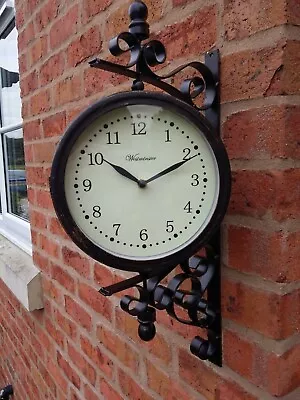Garden Wall Station Clock Thermometer  Ornament Double Sided Bracket Rust Effect • £25.95