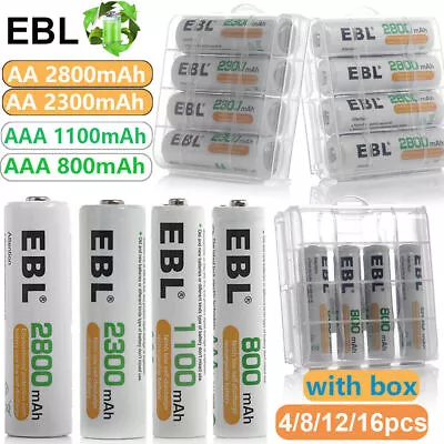 EBL AA AAA Rechargeable Batteries Ni-Mh 2800mAh 2300mAh 1100mAh 800mAh + Box Lot • £7.99