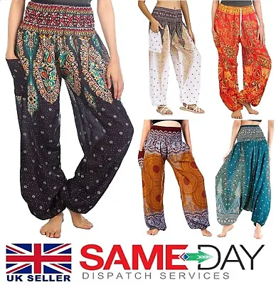 Womens Indian Harem Trousers Yoga Dance Baggy Thai Loose Boho Hippie Hippy Pants • £9.99