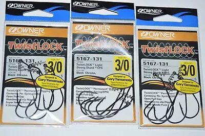 3 Packs Owner Twistlock Hooks 5167-131 Black Chrome 3/0 Screw In Yamamoto Senko • $14.95