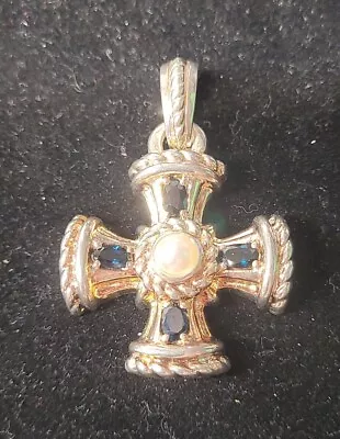 $11.50 • Buy Judith Ripka Sterling Silver 925 Cross Pendant With Blue Stones And Pearl