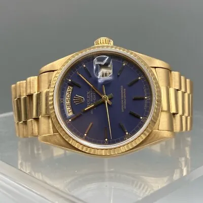 Rolex Vintage Day-Date President 18k Yellow Gold Watch Blue Stick Dial 18038 • $16500