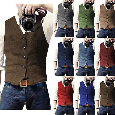Mens Vest Herringbone Tweed Waistcoat Vintage Formal Notch Lapel Retro Vest • £22.01