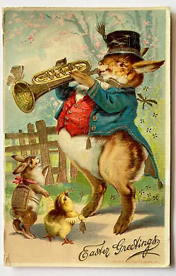 Antique Easter Postcard Anthropomorphic Rabbit Bunny Horn Player Gel Finish • $9.99