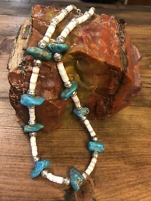 Men’s Kingman Turquoise Nuggets White Clam Heishi 20” 925 Navajo Bench Beads • $130