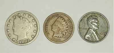 $5.95 • Buy Liberty V Nickel, Indian Head Penny & 1943 Steel Wheat Cent (3 Coin) Lot 