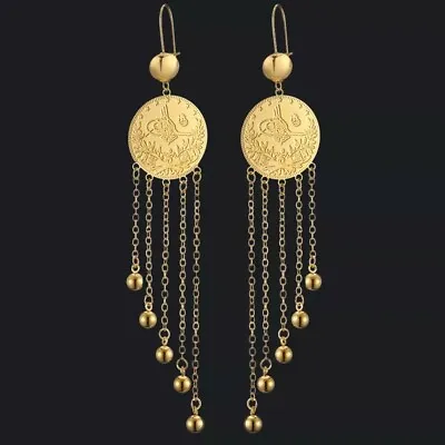 Turkish Dangle Earrings Gold Plated Copper Round Beads Coins Middle Eastern NEW • $27.99