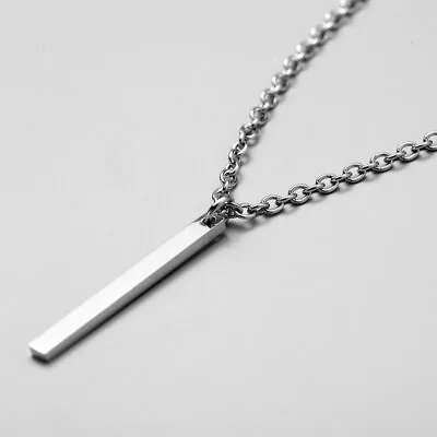 Punk Silver Rectangle Stainless Steel Pendant Necklace Long Chain Men Jewelry • £3.71