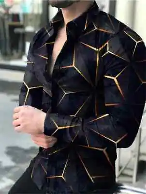 Button Down Shirts Men Black Gold Contrast Party Long Sleeve Fashion Silky Dress • $29.86