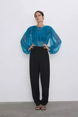 Zara  Turquoise Sheer Organza Long Sleeve Crew Long Balloon Sleeve Blouse Size M • $24.99