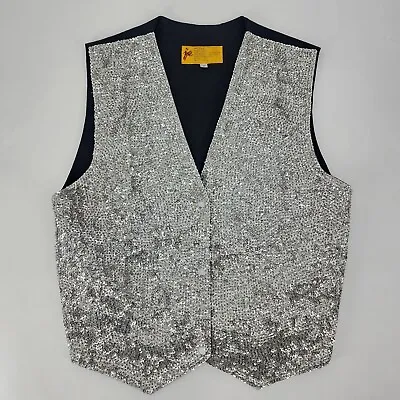 JC Brand Unisex Size M USA Vest Sequin Beaded Costume Silver Black 001 Vintage   • $17.99