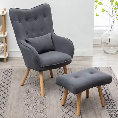 Grey Velvet Upholstered Lounge Armchair Wing Back Chair With Footstool & Cushion • £159.95