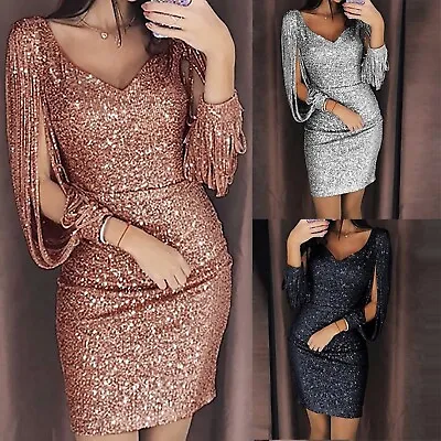 Women Glitter Sequin Dress Fashion V Neck Long Sleeve Bodycon Party Cocktail • $19.79