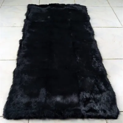 LUXURY REAL Black Rabbit FUR THROW BLANKET RUG Skin Fur Rug Pelz Leather Pelt • $31.34