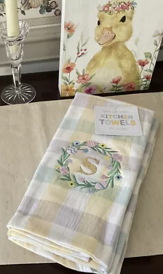 Easter  Kitchen Hand Towels Set Of Two Cotton Plaid Wreath With Monogram “S” New • $12.99