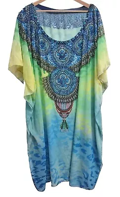 Stunning Czarina Embellised Diamontes Blue Kaftan Dress Oversize 16 18 20 • $132