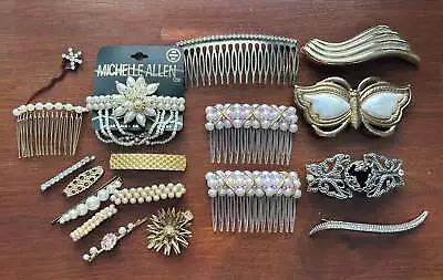 Vintage To Now Hair Accessories Lot Clips Combs Barrettes Faux Pearls Rhinestone • $17.99