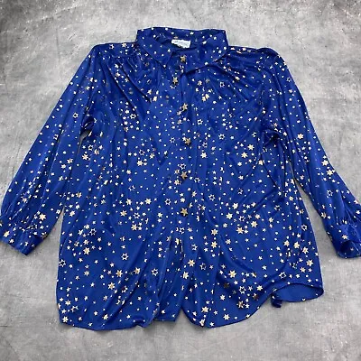 Joanna Blouse Women 5XLarge Blue Gold Star Smock Glitter Tunic Silky VTG USA • $17.07