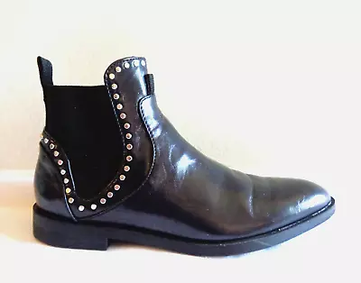 Zara 36 US 6 Black Leather With Studs Flat Ankle Boots Slip On • $16.99