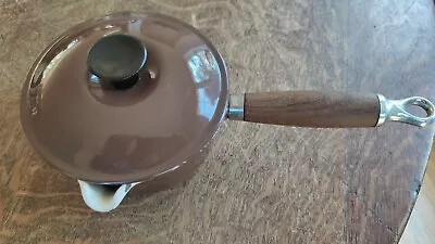 Vintage Le Creuset Brown #14 Enamel Cast Iron Saucepan W/ Lid Spout Wood Handle • $55