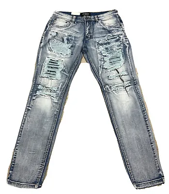 Mens Jean VICTORIOUS SKINNY LEG FIT BLUE DENIM RIPS DISTRESSED BIKER ROCK DL1366 • $45.47