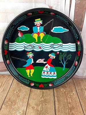 Vintage Rare TOLEWARE Bar Tray Sweden Maid Plum Pudding Fishing Man • $70.30