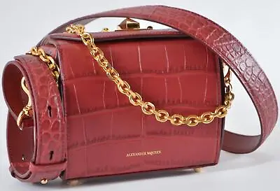 $799.53 • Buy New Alexander McQueen $1,790 Red Croc Embossed Leather Box 16 Crossbody Purse