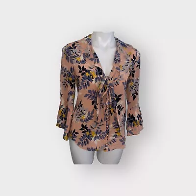 $28 • Buy Cinq A Sept Habotai Leaf Bouquet Floral Pink Peach Blue Bell Blouse  XS ***FLAWS