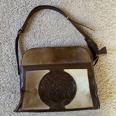 Gaitan Vintage Calf Hair Leather Bag Brown Handbag Purse Tooled Carved Mexico • $16.99